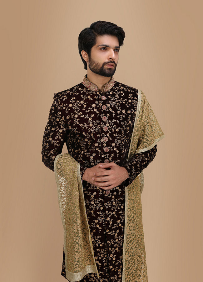 Maroon Embroidered Groom Sherwani image number 0